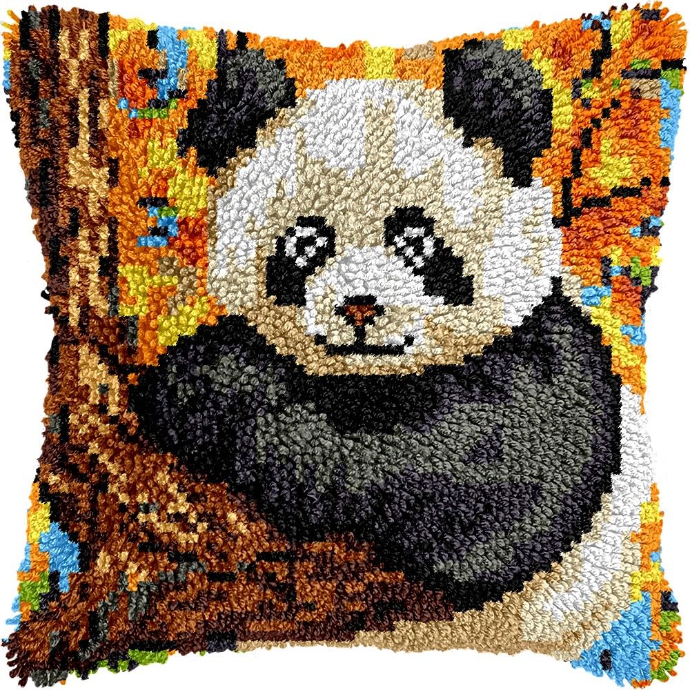 Panda on Tree Latch Hook Kits Pillow kits Cushion Throw Pillow Embroidery Craft Kits DIY Kits of DIY Hooking Pillowcase Cover Supplier with Color Printed Canvas 43x43cm (145)