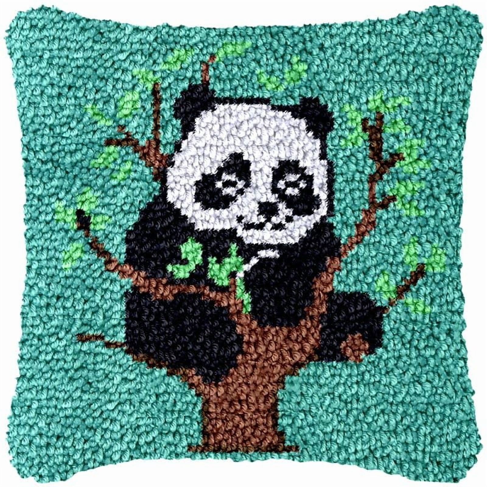 Panda on Tree Latch Hook Pillow Cover Kits for DIY Handmade Throw Pillow Cross Stitch Latch Hook Pillowcase Rug Kits with Preprinted Color Pattern Canvas Crochet Yarn Kits 17''X 17''(ys142)