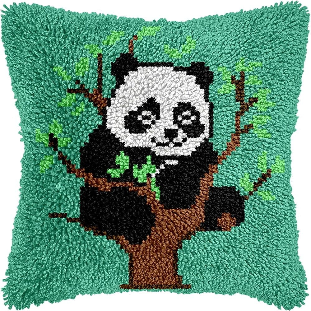 Panda on Tree Latch Hook Pillow Kits for DIY Throw Pillow Cushion Embroidery Latch Hooking Pillowcase Kits with Preprinted Canvas Crochet Yarn Kits for Home Decor 17''X 17''(d278)