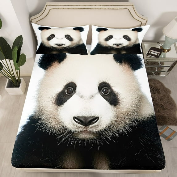 Panda Twin Fitted Sheet Cute Animal Panda Bed Sheets 2 Pcs,Lovely Panda Bed Set Animal Panda Bedding Set Black And White Panda Quiult(No Top Sheet)