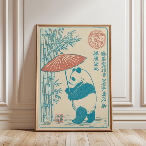 Panda Umbrella Cream Background Poster, Unframed Paper Poster 8x10in