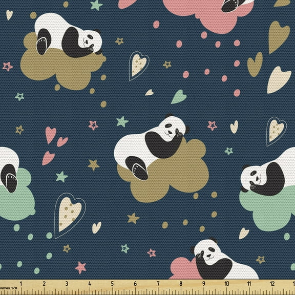 Ambesonne Panda Fabric by the Yard Upholstery, Doodle Hearts Stars and Dots, 5 Yards, Blue Multicolor