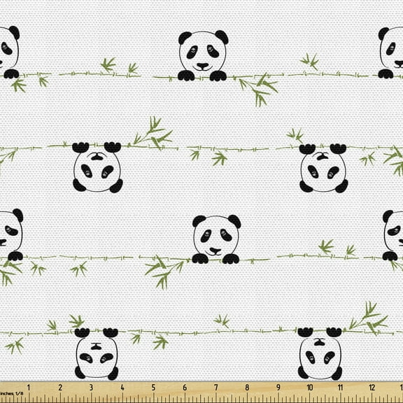Ambesonne Panda Fabric by the Yard Upholstery, Minimal Branches with Heads, 5 Yards, Charcoal Grey White