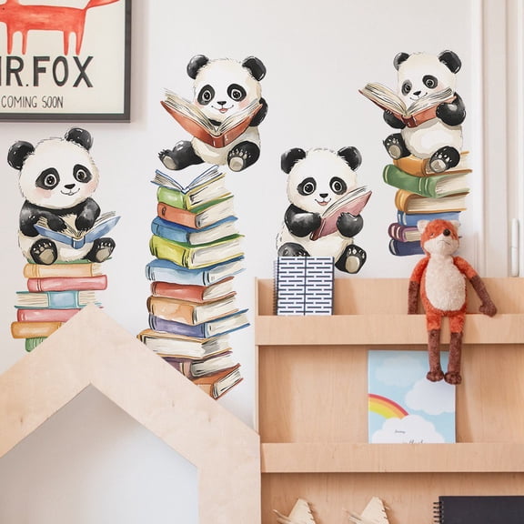 Panda Wall Decals Animals Reading Books Wall Stickers for Baby Nursery Kids Bedroom Classroom Wall Decorations Transparent Peel and Stick Living Room Bedroom Office Wall Decor glass decals