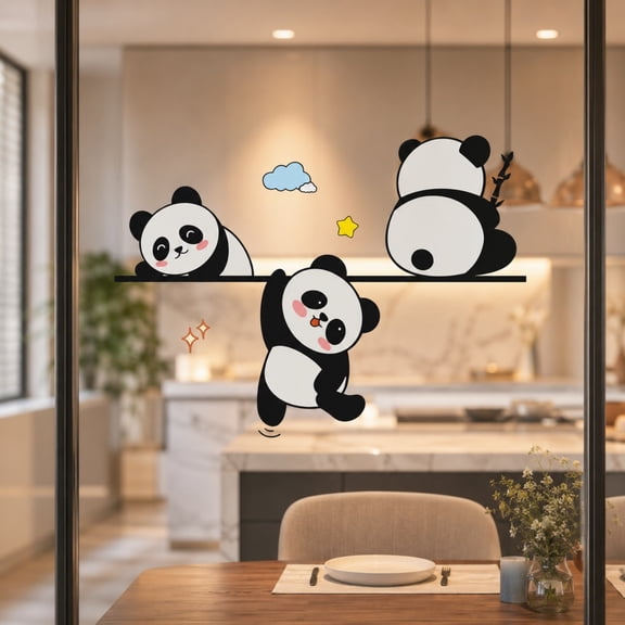 Panda Wall Sticker, Window Decal Decor, Removable Adhesive Sticker Cute Cartoon Bear Art for Glass Door Kitchen Bedroom Home