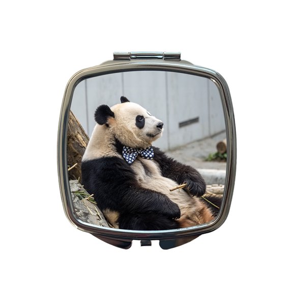 Panda Wearing Bow Tie Travel Makeup Handbag Purse Small Pocket Compact Mirror