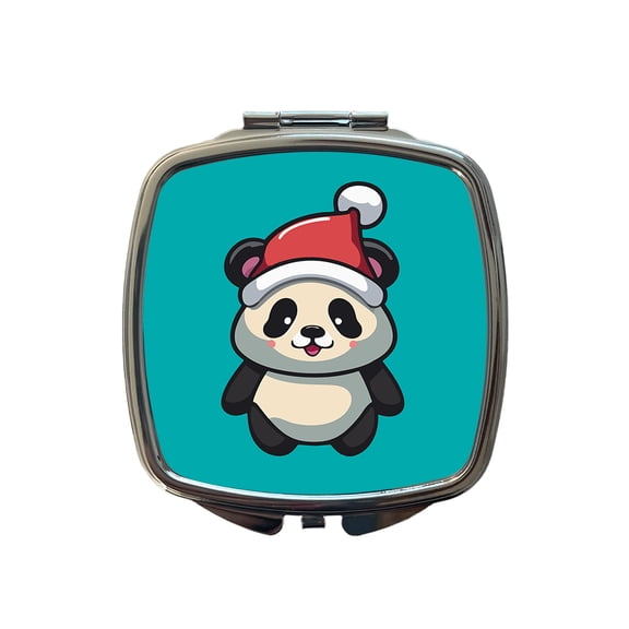 Panda Wearing Santa Hat Christmas Travel Makeup Handbag Purse Small Pocket Compact Mirror