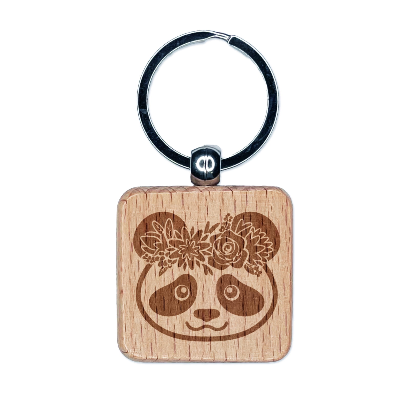 Panda Wearing a Flower Crown Square Keychain Charm Tag - Engraved Wood ...