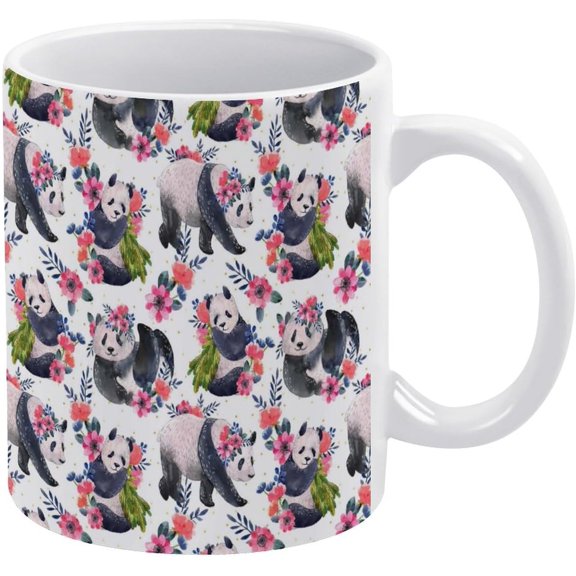 Panda With Floral Flowers Leaves Seamless On White White Ceramic Cup, 11 Oz Tea Mug, Coffee Mug, Milk Mug, Juice Ceramic Cup for Home Offices Cafe Party Mom Father Daughter Son