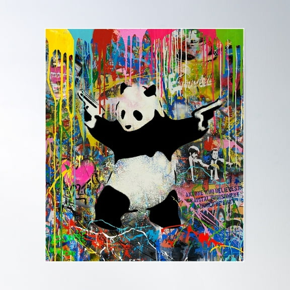 Panda With Guns Stick Em Up - Pop Street Art Banksy Poster Wall Art, Modern Wall Decor For Living Room Bedroom, 24x36 UNFRAMED