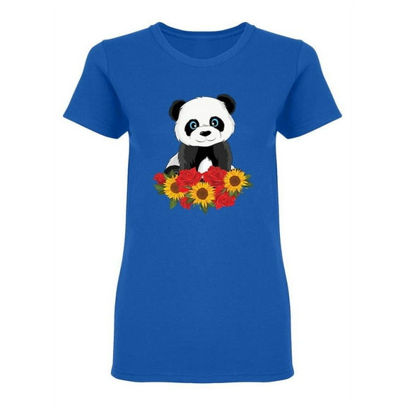 Panda With Roses And Sunflowers Shaped T-Shirt Women -Image by Shutterstock, Female Large