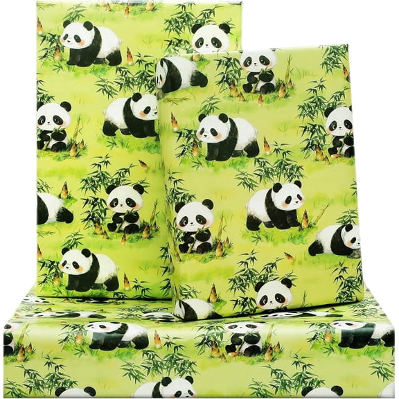 Panda Wrapping Paper, Cute Watercolor Baby Panda Bear Bamboo Gift Wrap Paper, 6 Sheets Folded Flat 20x28 Inches per Sheet, for Birthday Wedding Kindergarten