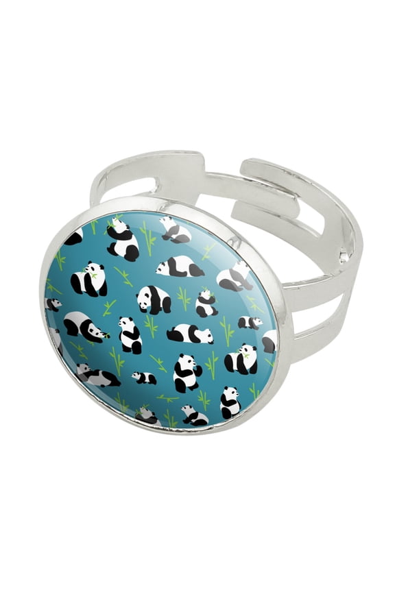 Panda and Bamboo Pattern Silver Plated Adjustable Novelty Ring