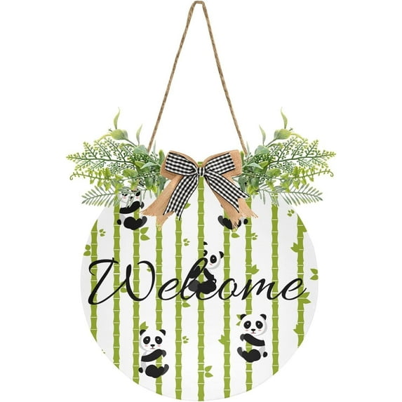 Panda and Bamboo Welcome Sign for Front Door, Round Sign Hanging Welcome Sign Welcome Wreath for Farmhouse Porch Door Home Decor