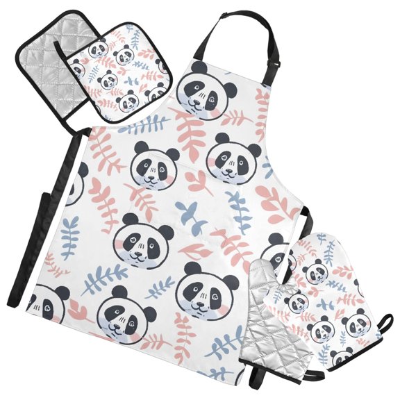Panda and Leaves 5 Pcs Kitchen Set Heat Resistant Oven Mitts and Non-Slip Pot Holders with Adjustable Cooking Apron