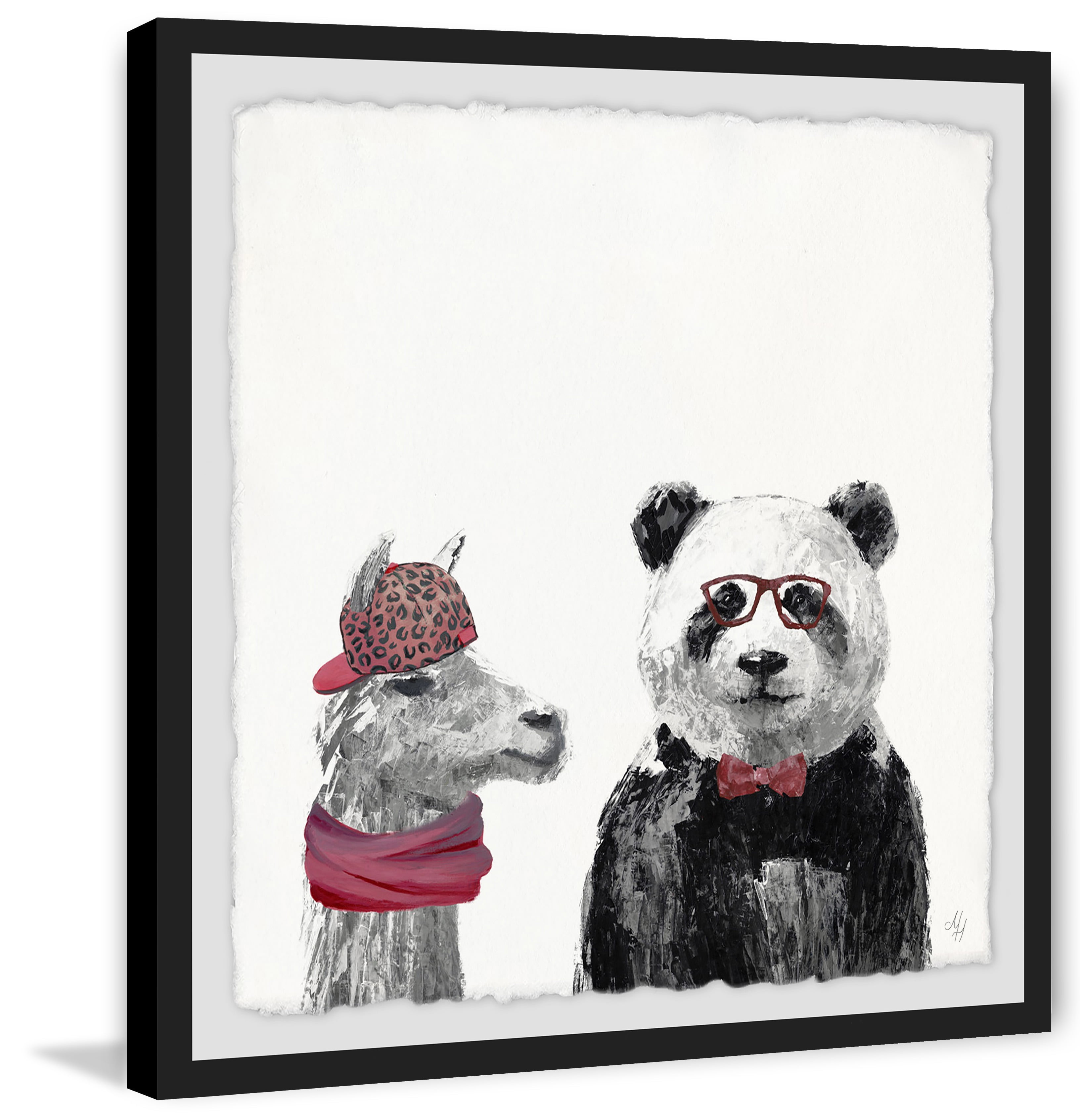 Panda and Llama in Pink Framed Painting Print