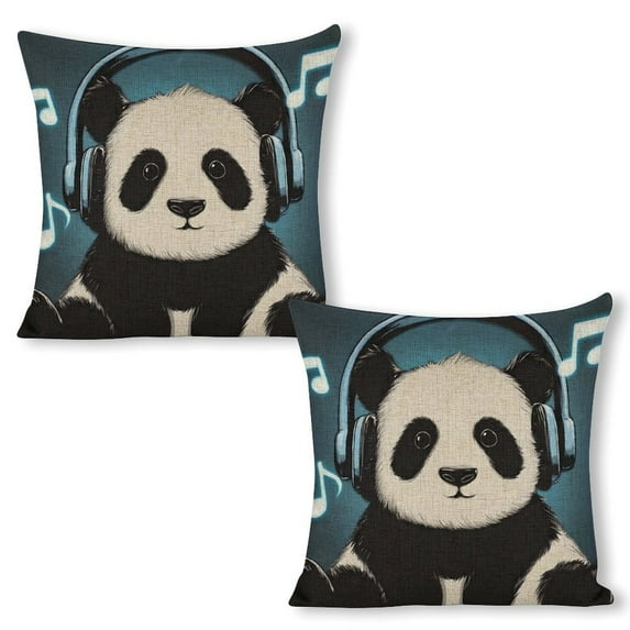 Panda bear headphones music Linen toss pillowcase Decoration pillowcase Gift preferred 18x18" Cushion cover 2 set Sofa pillowcase Sofa bedroom living room car