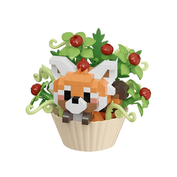 Panda in Beige Cupcake Floral Building Block Set, Creative Birthday Gift, Home Office Table Centerpiece