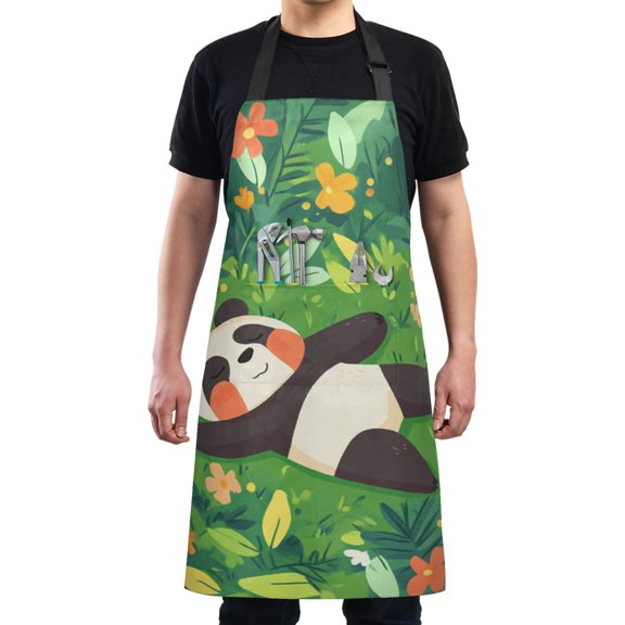 Panda in Flower Garden Chef Kitchen Apron with Pockets for Women Waterproof Aprons for Cooking Baking