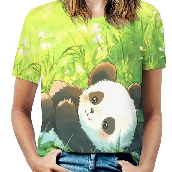 Panda in Grass Women's Short Sleeve T-Shirt Crew Neck Casual Summer Trendy Loose Fit Tops