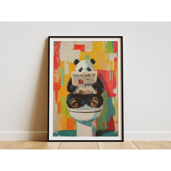 Panda on Toilet Reading Newspaper Painting Bathroom Art Print Funny Animal Poster Modern Abstract Colorful Home Decor Wall Decor