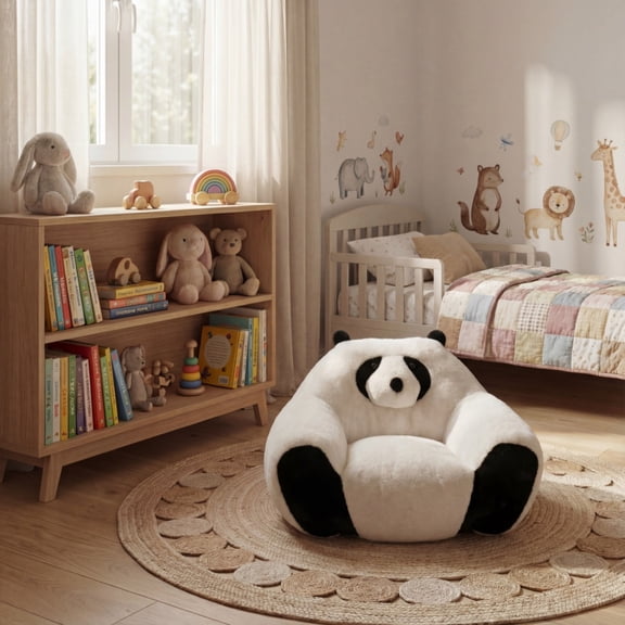 Panda-shaped beanbag chair, crafted from soft plush fabric, suitable for bedrooms, living rooms, and playrooms. Dimensions: 29.65 inches.