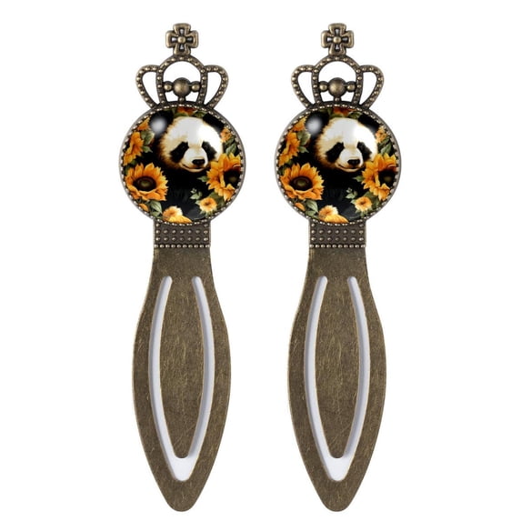 Panda sunflowers Vintage Copper Crown-Shaped Bookmarks: Stainless Steel Book Accessories for Readers and Book Lovers - Set of 2
