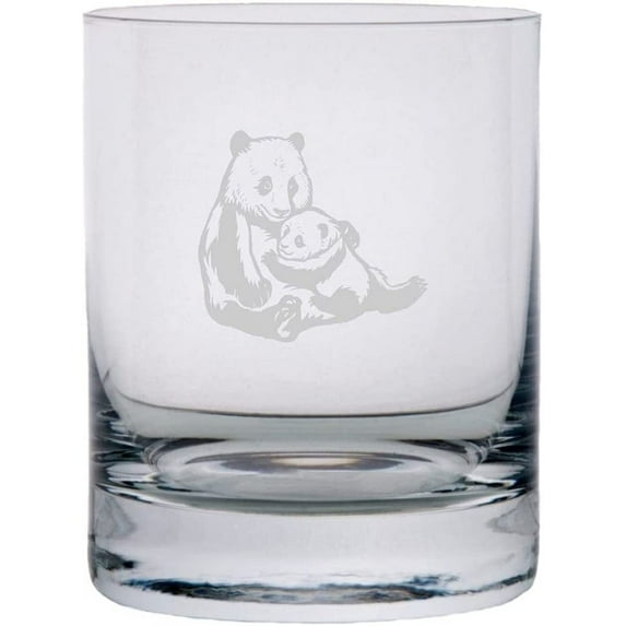 Panda with Baby Zoo Animal Themed Etched 10.25oz Crystal Rocks Whisky Glass