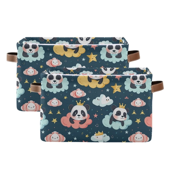 Panda with Crown Storage Bins with Handle Fabric Organizer Basket Foldable Box 2 Pack 14.2x10.2x8.3