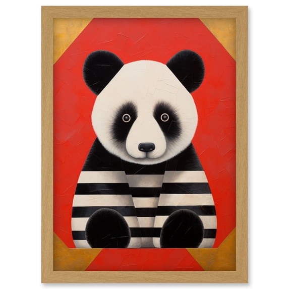 Panda with Stripes Fun Kids Bedroom Baby Nursery Bright Bold Artwork Red Black White Artwork Framed Wall Art Print A4