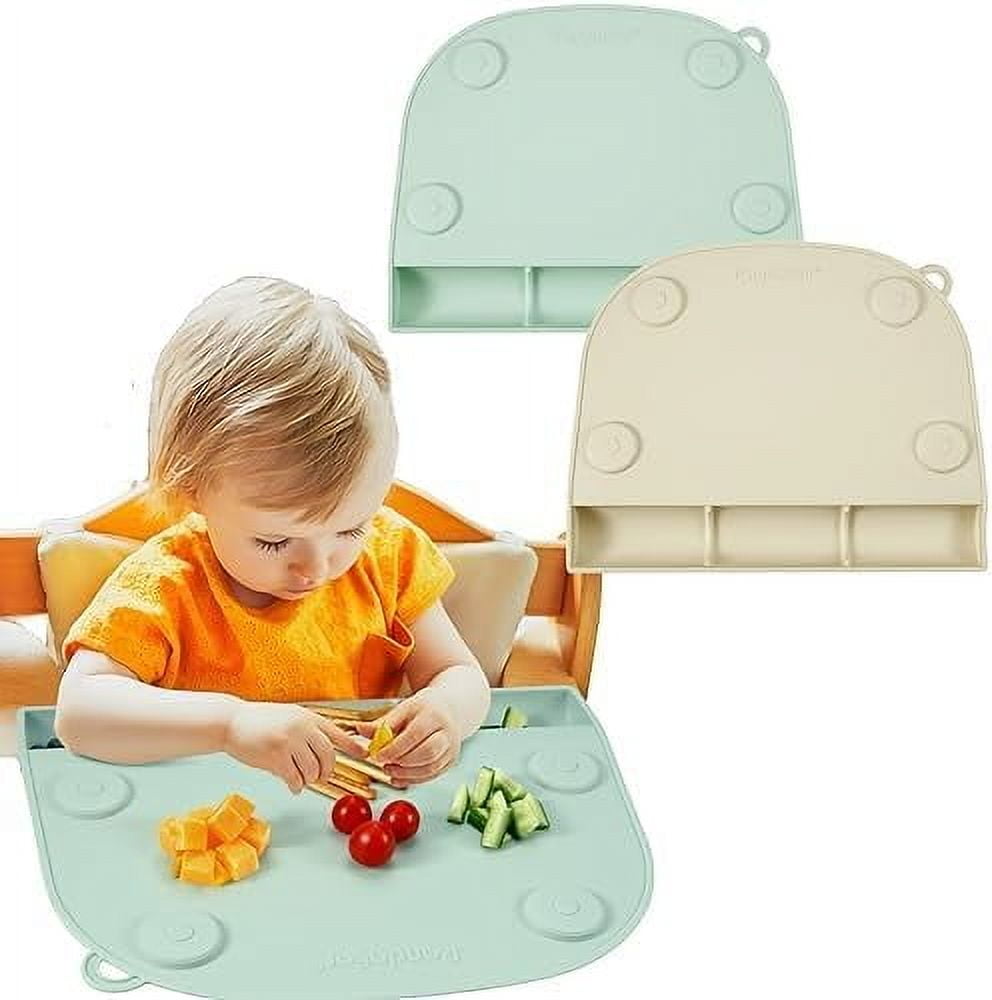 PandaEar 2 Pack Silicone Suction Placemats for Baby Kids, Food Grade Mats Toddler Placemats with Food Catching Pockets for Dining Table & Restaurants -Green/Brown