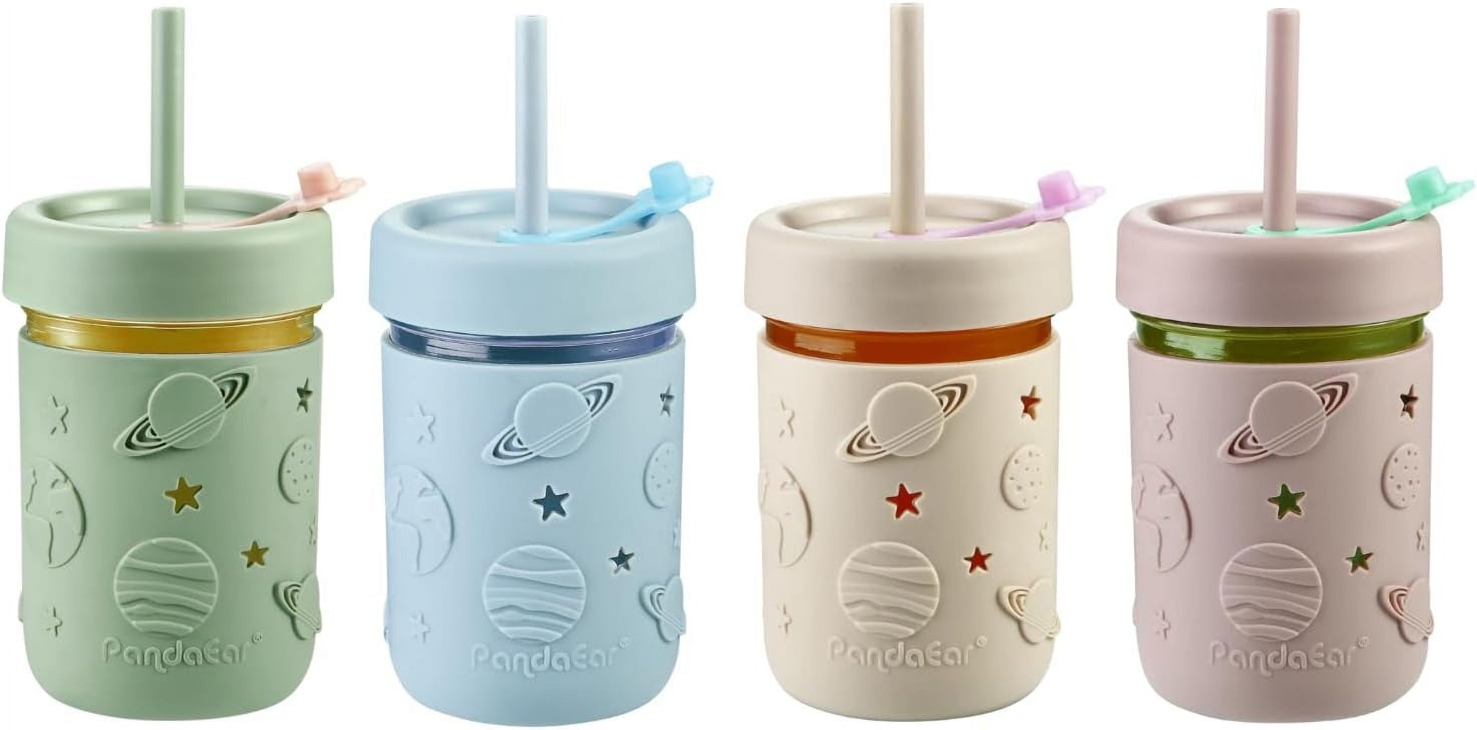 PandaEar 4 Pack Kids & Toddler Glass Cups, Glass Mason Jar Cups 8.45 oz with Silicone Sleeves & Straws, Toddler Spill-Proof Smoothie Cups