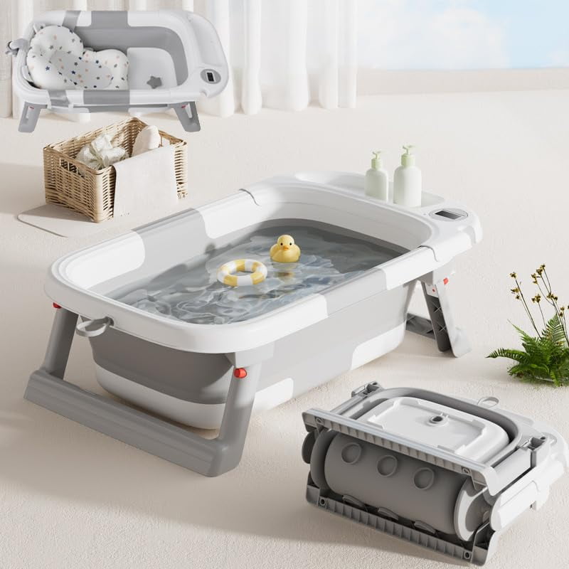 PandaEar Baby Bathtub, Collapsible Baby Infant Bath Tub Toddler Bathtub with Soft Cushion & Thermometer -Gray