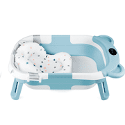 PandaEar Collapsible Baby Bathtub,  Travel Toddler Bathtub with Soft Cushion & Drain Hole for Toddler 0-24 Months -Blue