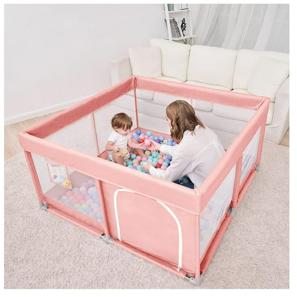 PandaEar Baby Playpen, Large Baby Playpen for Toddlers, Sturdy Baby Play Yards with Soft Breathable Mesh, Indoor & Outdoor Kids Activity for Infant Safety (50"×50") (Pink)