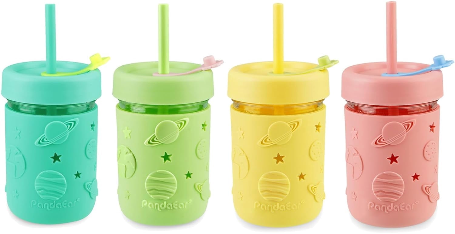 PandaEar Kids & Toddler Glass Cups, 4 Pack Glass Mason Jar Cups 8.45 oz with Silicone Sleeves & Straws, Toddler Spill-Proof Smoothie & Snack Cups