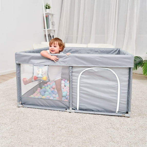 PandaEar Large Playpen for Toddlers, Sturdy Baby Play Yards with Soft Breathable Mesh, Indoor & Outdoor Kids Activity for Infant Safety (50"×50")-Grey
