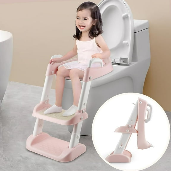 PandaEar Toilet Potty Training Seat with Step Stool Ladder, Comfortable Safe Potty Seat with Anti-Slip Pads Ladder for Kids Boys Girls Toddlers (Pink)