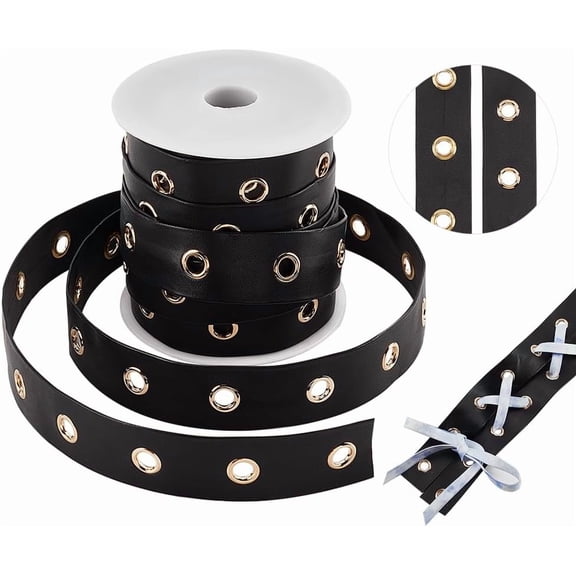 PandaHal 9 Yards Eyelet Trim with Grommets 24mm Black Imitation Leather Eyelet Grommet Tape with 6mm Golden Metal Hole Ring Eyelet Twill Trim for Sewing Garment
