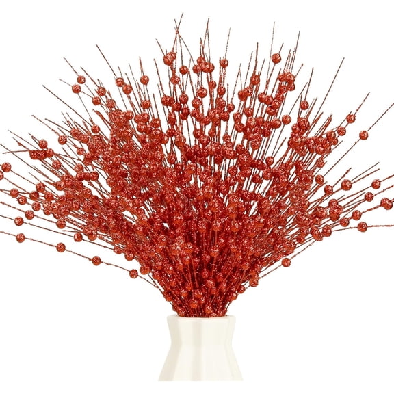 PandaTop 10 Pcs Christmas Artificial Glitter Berry Stem Decorations, 17in Red Berry Stems,Red Ornaments for Christmas Tree , Glitter Berries Stems for Christmas Wreath Vase Party Decor
