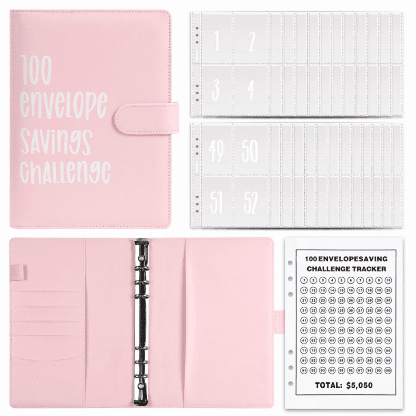 PandaTop 100 Envelopes Money Saving Challenge Binder, Budget Binder with Cash Envelopes, Money Saving Binder 100 Pocket Pre-Numbered, Fun Way to Save $5050, Pink