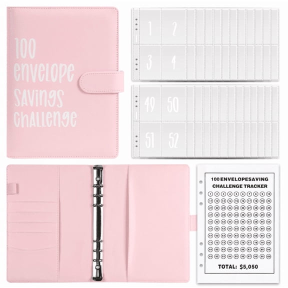 PandaTop 100 Envelopes Money Saving Challenge Binder, Budget Binder with Cash Envelopes, Money Saving Binder 100 Pocket Pre-Numbered, Fun Way to Save $5050, Pink