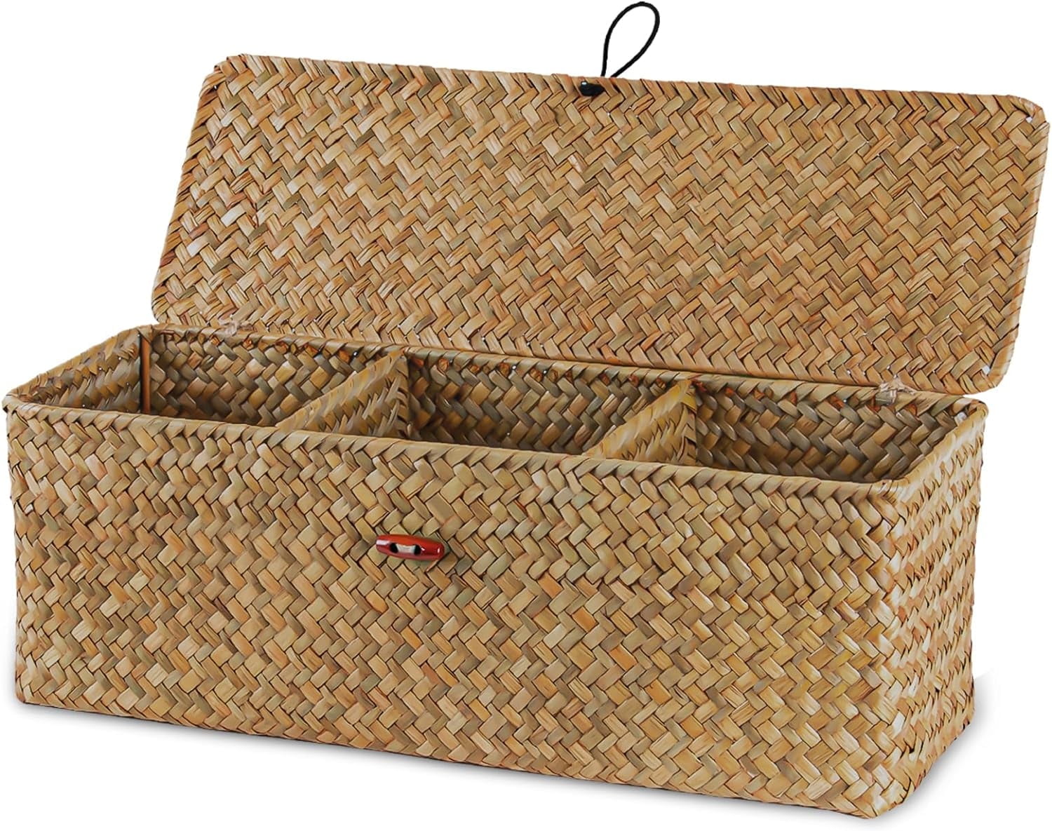 PandaTop 3 Grid Storage Basket with Lid, Hand-Woven Water Hyacinth Storage Basket Home Organizer Bins,Rectangular Woven Storage Basket for Makeup, Clothes, Toilet Paper Snack Toys(Khaki)