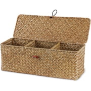 PandaTop 3 Grid Storage Basket with Lid, Hand-Woven Water Hyacinth Storage Basket Home Organizer Bins,Rectangular Woven Storage Basket for Makeup, Clothes, Toilet Paper Snack ToysKhaki