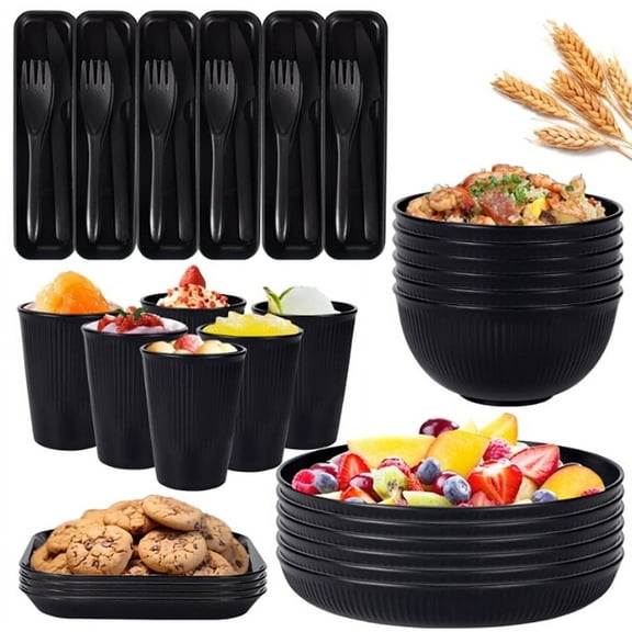 Premium Wheat Straw Dinnerware Sets,Unbreakable Reuasble Plates and Bowls Set for 6 People,Dishwasher and Microwave Safe Dishes Set (Black,48PCS)