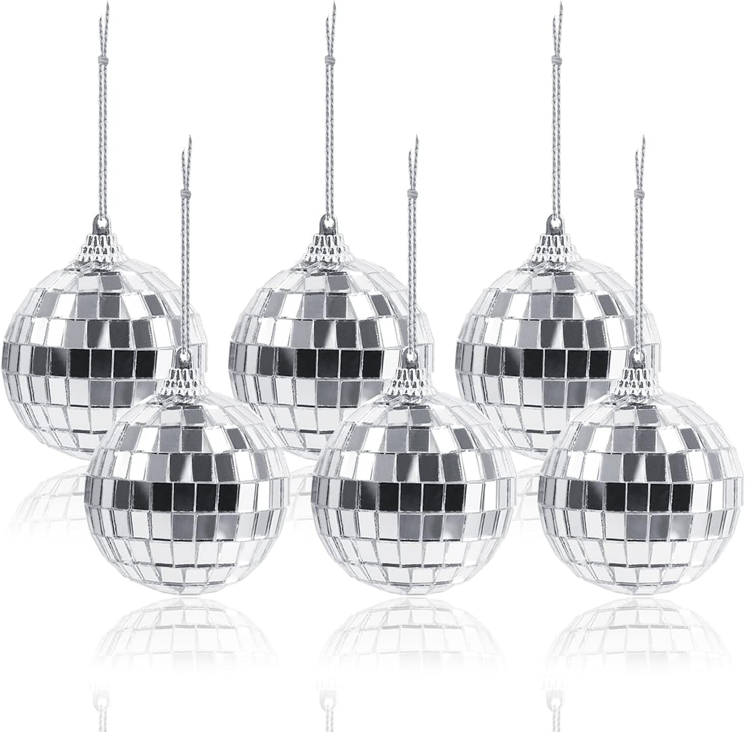PandaTop 6 Pcs Christmas Hanging Disco Ball Ornaments Silver Disco Ball Cake Topper Decoration Bulk Disco Balls Decorations with Rope for Christmas Tree Disco Party (6cm/2.4inch)