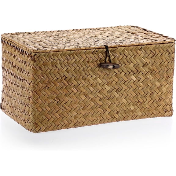 PandaTop Baskets with Lids,Wicker Storage Woven Basket,Shelf Wardrobe Organizer 11.5 inch Hand- Woven Storage Basket Bins,Rectangular Household Organizer Boxes for Shelf Desktop Home Decor (Large)