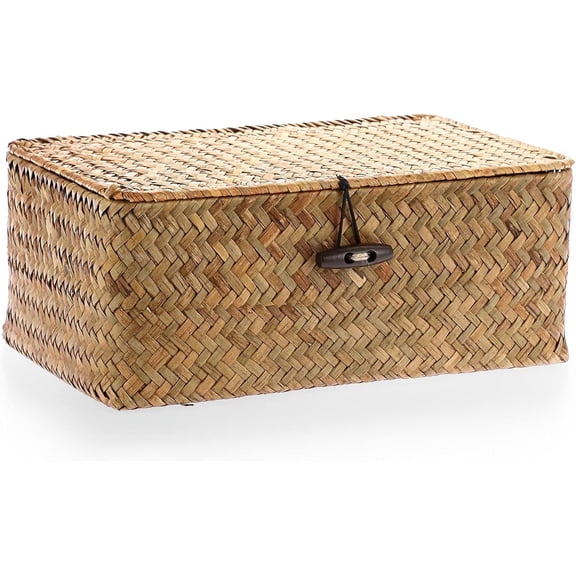 PandaTop Baskets with Lids,Wicker Storage Woven Basket Straw Desktop 10.5 inch Hand- Woven Storage Basket Bins,Rectangular Household Organizer Boxes for Shelf Desktop Home Decor (Medium)