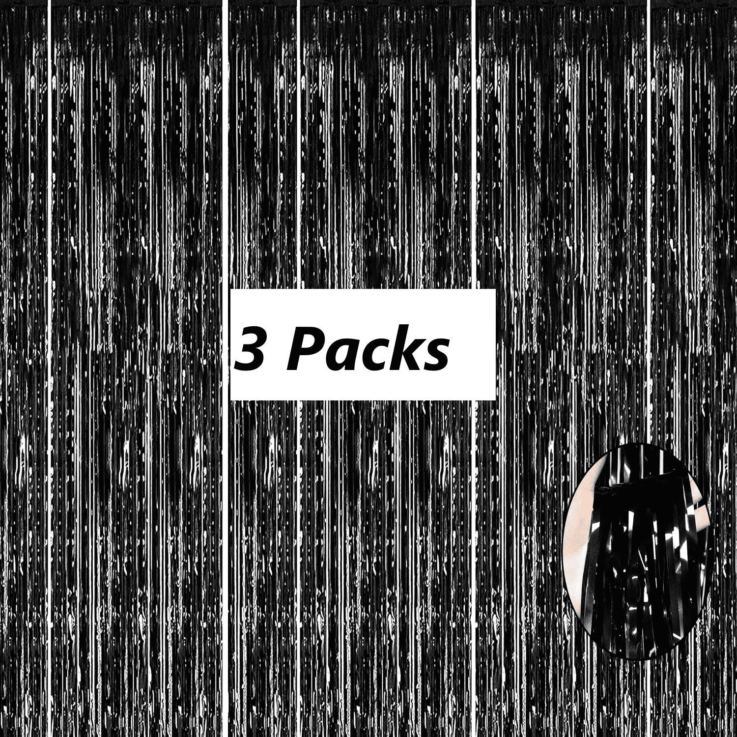 PandaTop Black Foil Fringe Curtain, 3.2Ft x 6.5Ft Metallic Tinsel Foil Fringe Curtains Photo Booth Props for Birthday Halloween New Years Graduation Party Decorations (3 Pack)