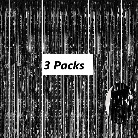 PandaTop Black Foil Fringe Curtain, 3.2Ft x 6.5Ft Metallic Tinsel Foil Fringe Curtains Photo Booth Props for Birthday Halloween New Years Graduation Party Decorations (3 Pack)